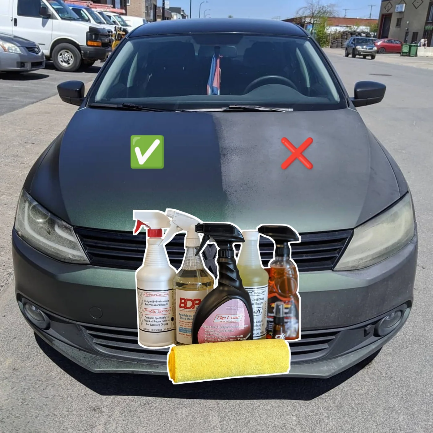 Green Jetta: half dirty, half washed with Xtreme Dip care products